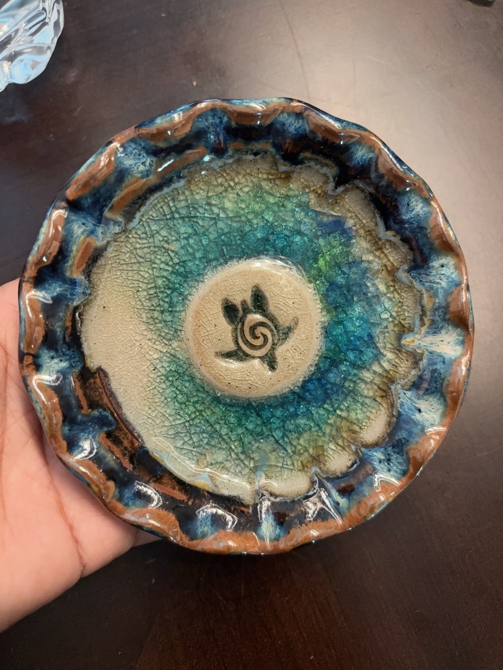 Art Pottery Round Ceramic Decorative Dish Blue Tan Brown Crackle Glaze